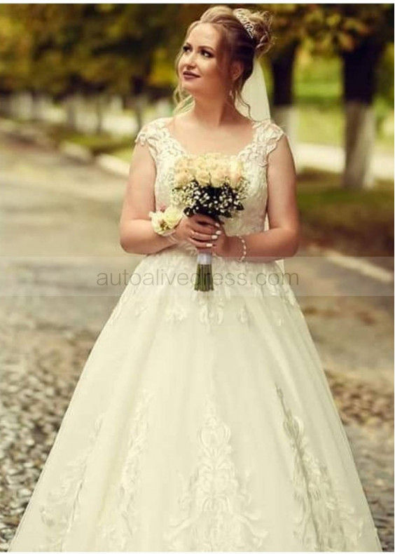 Cap Sleeves Lace Tulle Plus Size Wedding Dress